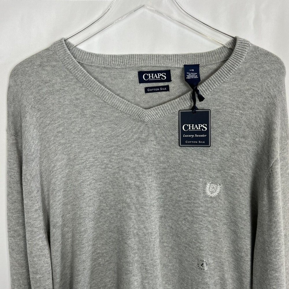 Chaps Sweater Mens Large Grey V-Neck Cotton Silk NWT MSRP $60 - Picture 3 of 12